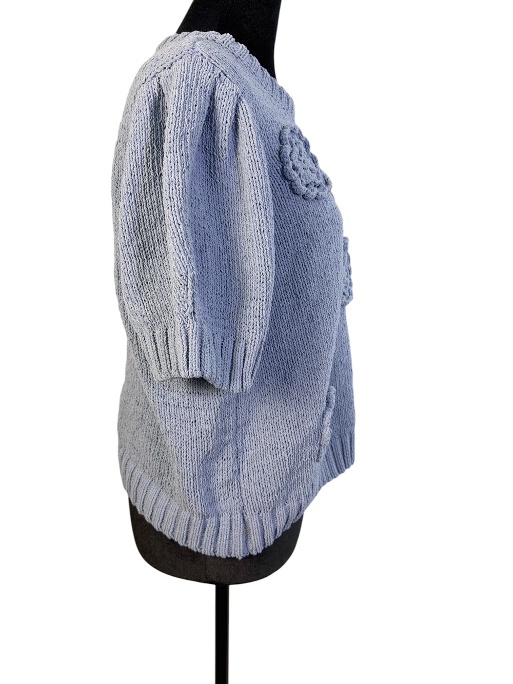 Joie Size L Blue Knit Sweater Top Crochet Floral Appliqué Puff Sleeve Cottagecor - Picture 7 of 10